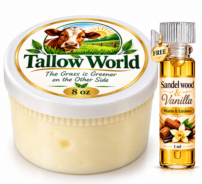 Tallow World Pure Tallow Moisturizer 8 oz | Deep Hydration for Face & Body + FREE Sandalwood & Vanilla Essential Oil 1 ml