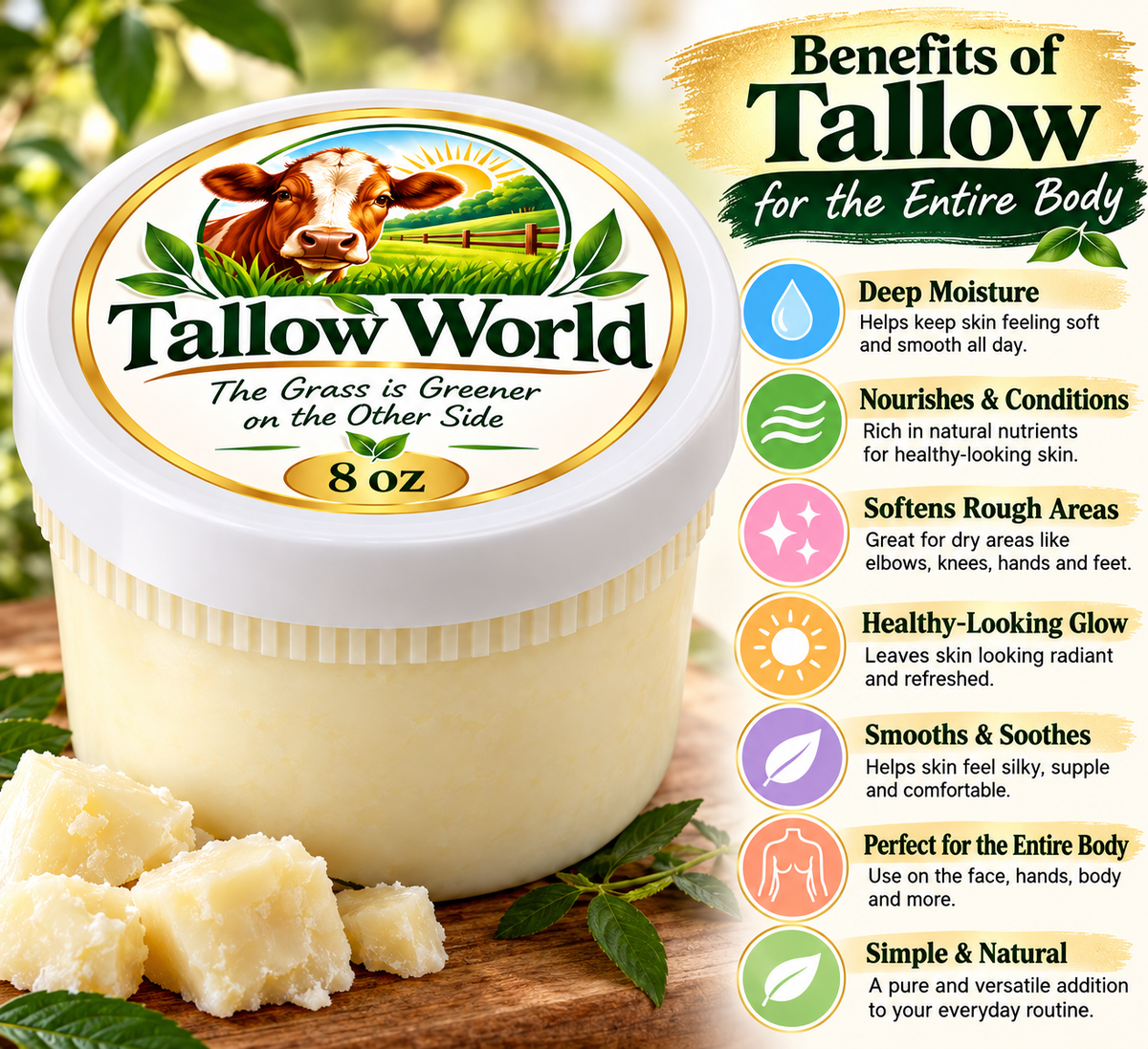 Tallow World Pure Tallow Moisturizer 8 oz | Deep Hydration for Face & Body + FREE Sandalwood & Vanilla Essential Oil 1 ml
