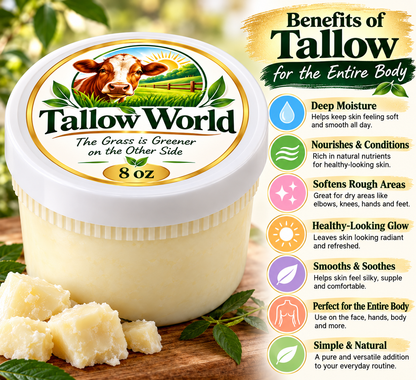 Tallow World Pure Tallow Moisturizer 8 oz | Deep Hydration for Face & Body + FREE Sandalwood & Vanilla Essential Oil 1 ml